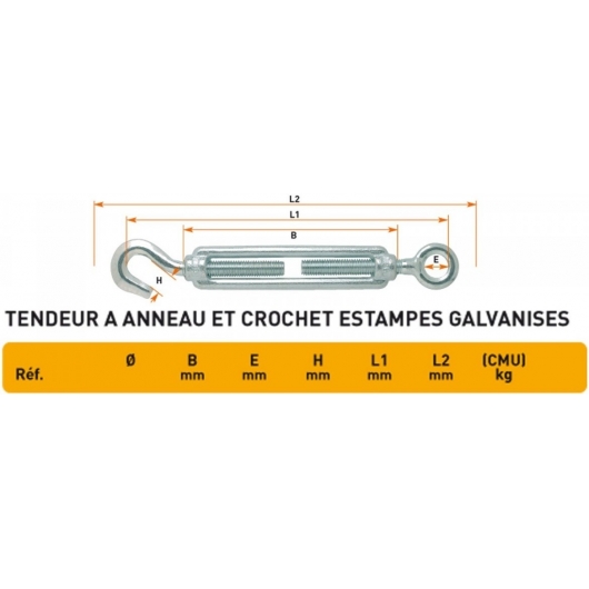TENDEUR ANNEAU/CROCHET GALVANISE (6 mm) 